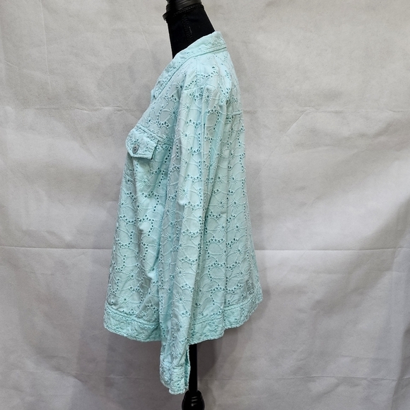 Appleseed's Petite Light Teal Eyelet Button Up 100% Cotton Jacket Sz PXL - Picture 3 of 7